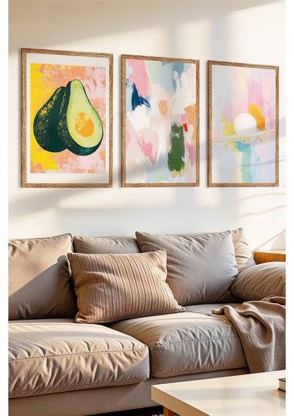 3 Parça Pastel Çizimli Ahşap Çerçeve Görünümlü Mdf Tablo Seti