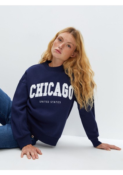 Yeni Sezon Bisiklet Yaka Baskılı Oversize Kadın Kalın Sweatshirt