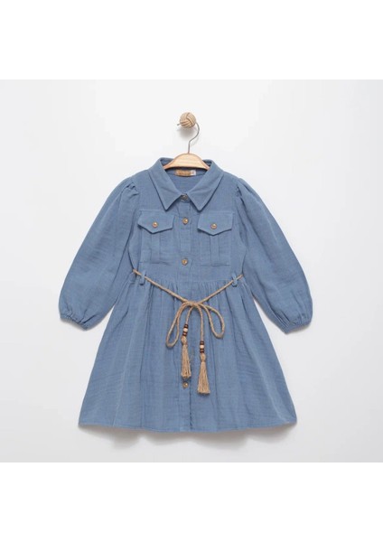 Kız Çocuk Gömlek Yaka Kemerli Elbise