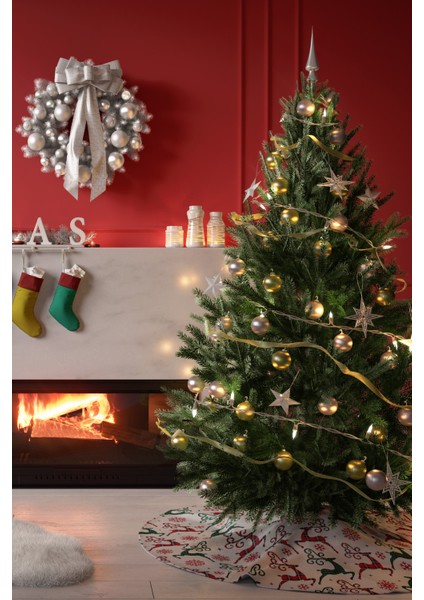 Noel Temalı Geyik Desenli Yılbaşı Çam Ağacı Örtüsü