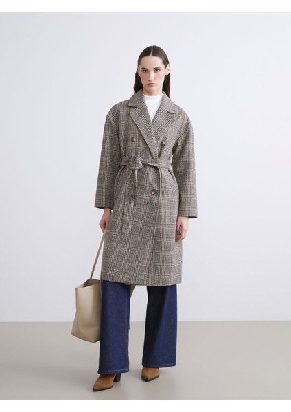 Yeni Sezon Kruvaze Yaka Desenli Kadın Kaşe Kaban fiyatları