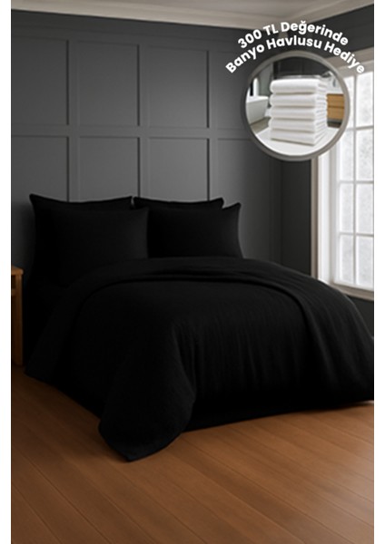 Premıum Siyah Renk Pamuk Saten Çift Kişilik Lastikli Çarşaf Nevresim Takımı