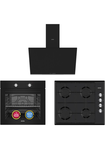 4 Fonksiyon Trend Siyah Cam 3'lü Ankastre Set