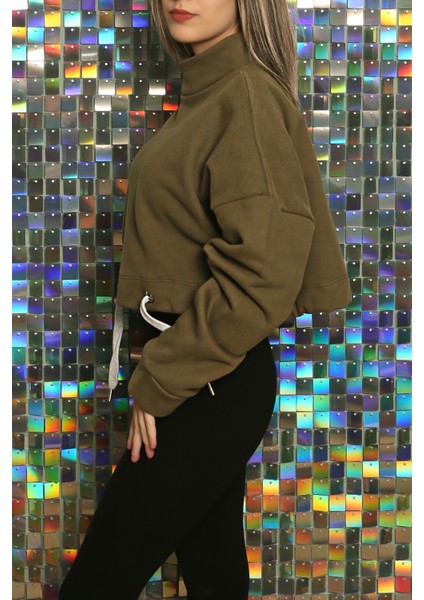 Kadın Baskılı Kuş Gözü Detaylı Kalın Şık Modern Crop Sweatshirt modelleri