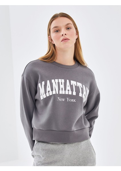 Yeni Sezon Bisiklet Yaka Baskılı Oversize Kadın Kalın Sweatshirt