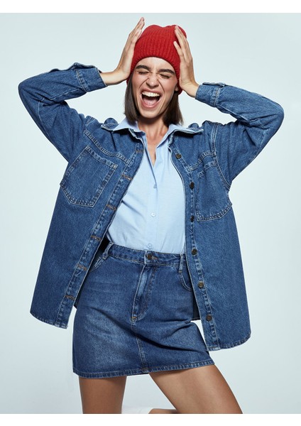 Yeni Sezon Düz Uzun Kollu Oversize Kadın Jean Gömlek