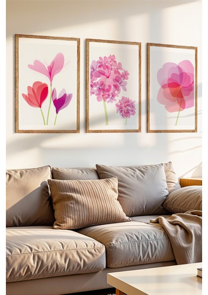3 Parça Canlı ve Modern Pembe Çiçek Temalı Ahşap Çerçeve Görünümlü Mdf Tablo Seti