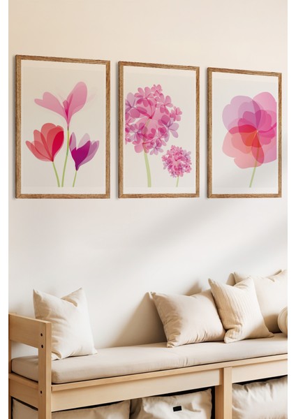 3 Parça Canlı ve Modern Pembe Çiçek Temalı Ahşap Çerçeve Görünümlü Mdf Tablo Seti fiyatları