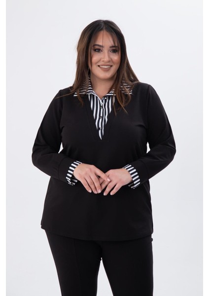 Kadın Büyük Beden Gömlek Yaka Siyah Sweatshırt