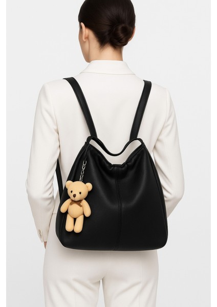 Kadın Suni Deri Ayarlanabilir Omuz Askılı Ayıcıklı Omuz ve Sırt Çantası Olabilen Omuz Çantası