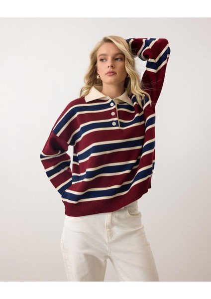 Bordo - Retro Kalın Çizgili Düğmeli Polo Yaka Triko Kazak
