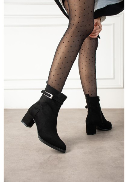 Kadın Siyah Süet Lucy Model Yandan Fermuarlı Sivri Burun Kısa Topuklu Bot indirimleri