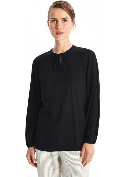 Yeni Sezon Bağlamalı Yaka Düz Uzun Kollu Kadın Bluz