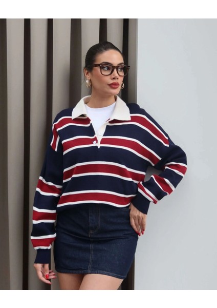 Çizgili Polo Yaka Oversize Triko Kazak
