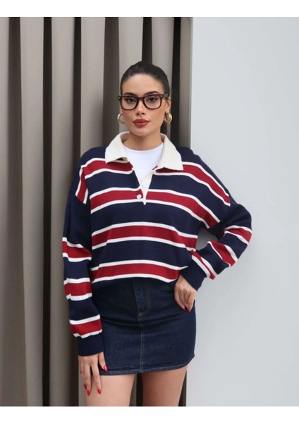 Çizgili Polo Yaka Oversize Triko Kazak fiyatları