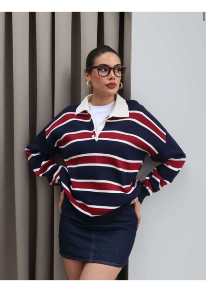 Çizgili Polo Yaka Oversize Triko Kazak modelleri