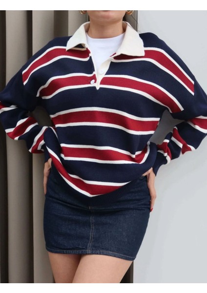 Çizgili Polo Yaka Oversize Triko Kazak fırsatları