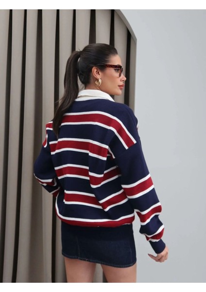 Çizgili Polo Yaka Oversize Triko Kazak indirimleri