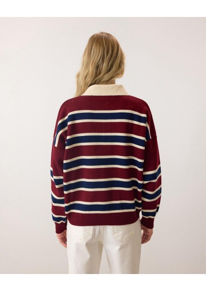 Bordo - Retro Kalın Çizgili Düğmeli Polo Yaka Triko Kazak modelleri