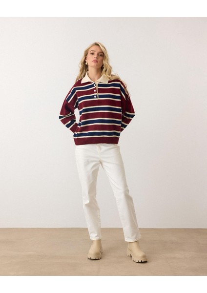 Bordo - Retro Kalın Çizgili Düğmeli Polo Yaka Triko Kazak fırsatları