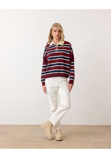 Bordo - Retro Kalın Çizgili Düğmeli Polo Yaka Triko Kazak indirimleri