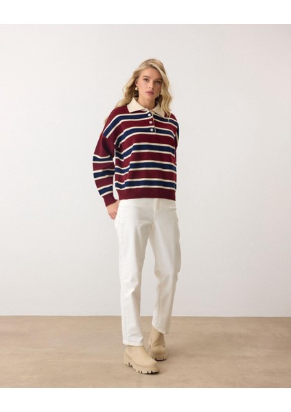 Bordo - Retro Kalın Çizgili Düğmeli Polo Yaka Triko Kazak
