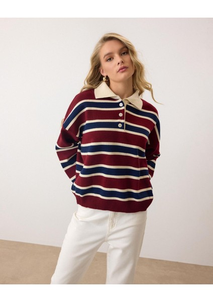 Bordo - Retro Kalın Çizgili Düğmeli Polo Yaka Triko Kazak