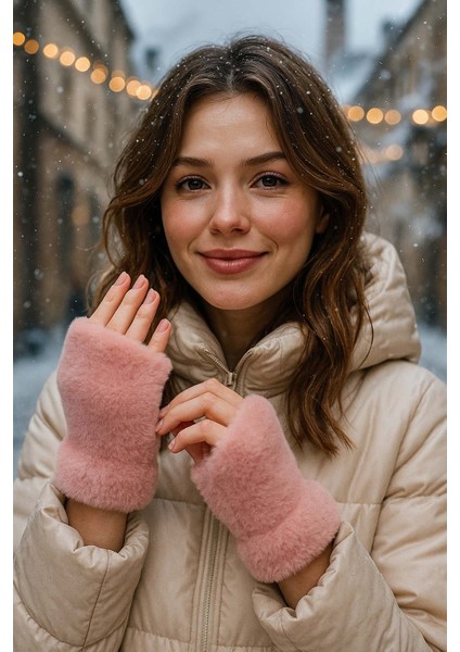 Kadın Kesik Peluş Eldiven Eld-33 Pudra
