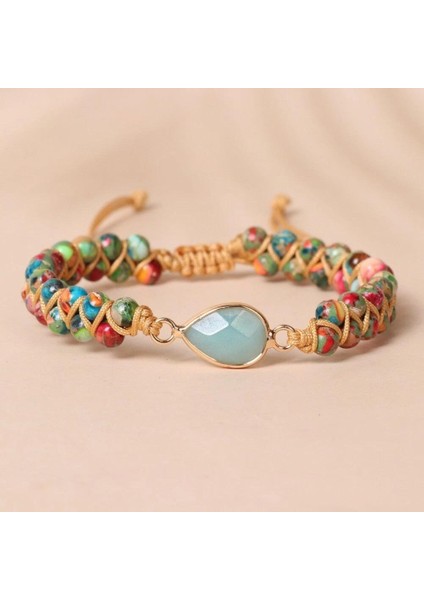 Doğal Taş Makrome Bileklik – Renkli Doğal Taşlar & Su Damlası Merkez Taş – Ayarlanabilir Örgü Kadın Bileklik