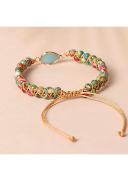Doğal Taş Makrome Bileklik – Renkli Doğal Taşlar & Su Damlası Merkez Taş – Ayarlanabilir Örgü Kadın Bileklik modelleri