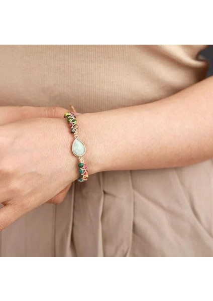 Doğal Taş Makrome Bileklik – Renkli Doğal Taşlar & Su Damlası Merkez Taş – Ayarlanabilir Örgü Kadın Bileklik fırsatları