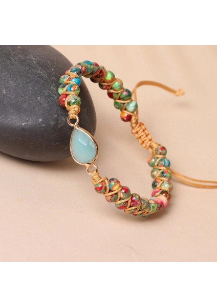 Doğal Taş Makrome Bileklik – Renkli Doğal Taşlar & Su Damlası Merkez Taş – Ayarlanabilir Örgü Kadın Bileklik indirimleri