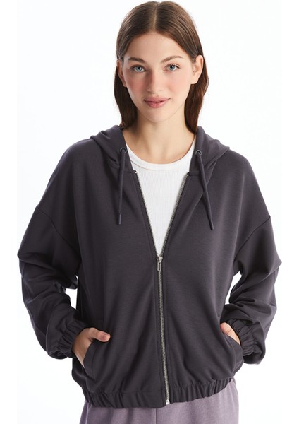 Yeni Sezon Kapüşonlu Düz Uzun Kollu Kadın Fermuarlı Sweatshirt