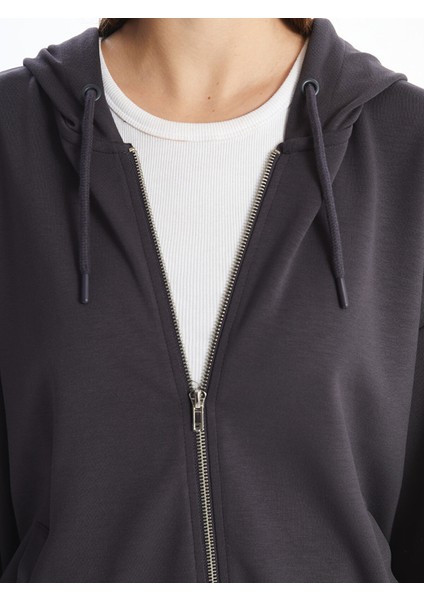 Yeni Sezon Kapüşonlu Düz Uzun Kollu Kadın Fermuarlı Sweatshirt modelleri