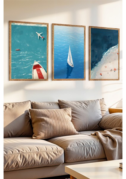 3 Parça Gökyüzünden Denizlere Temalı Ahşap Çerçeve Görünümlü Mdf Tablo Seti
