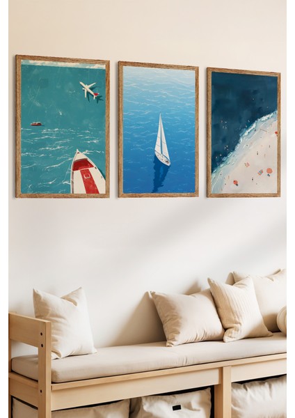 3 Parça Gökyüzünden Denizlere Temalı Ahşap Çerçeve Görünümlü Mdf Tablo Seti fiyatları