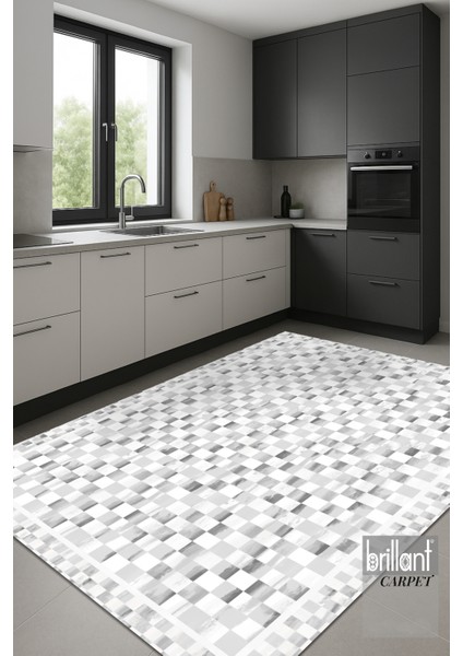 Gri Renk Mackenzie Stili Damalı Lateks Taban Yolluk Halı