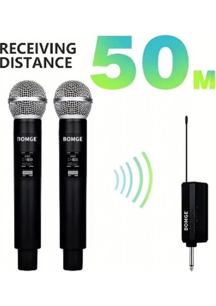 Profesyonel Çiftli Kablosuz Mikrofon Seti Karaoke Şarj Edilebilir 50 Metre Mesafe