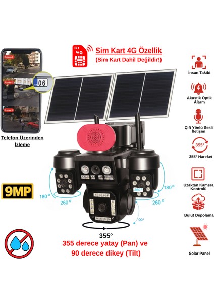 Apronx 9mp 4g Solar Ptz Kamera | 3 Ekran Üçlü Görüş | 12W Çift Panel | 20.000 Mah Batarya | Sım Kartlı