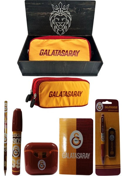 Galatasaray Orjinal Lisanslı Kırmızı Air Kalemtraş Ahşap Kutulu 6'lı Kırtasiye Seti