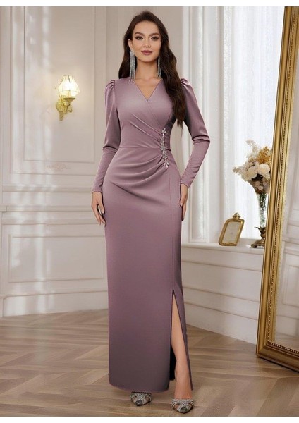 Kadın Uzun Kollu Kruvaze Yakalı Yanları Taşlı Yırtmaçlı Uzun Ithal Krep Elbise fırsatları