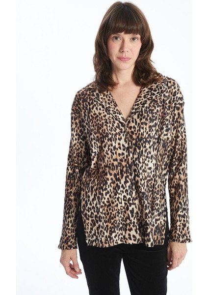 Yeni Sezon Gömlek Yaka Leopar Desenli Kadın Bluz