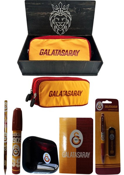 Galatasaray Orjinal Lisanslı Siyah Air Kalemtraş Ahşap Kutulu 6'lı Kırtasiye Seti