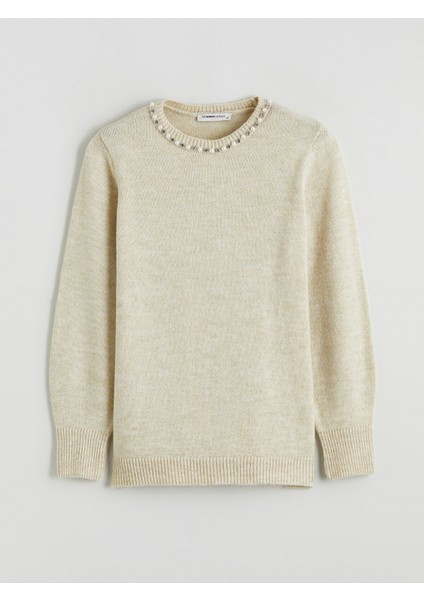 Yeni Sezon Bisiklet Yaka Taşlı Kadın Triko Kazak