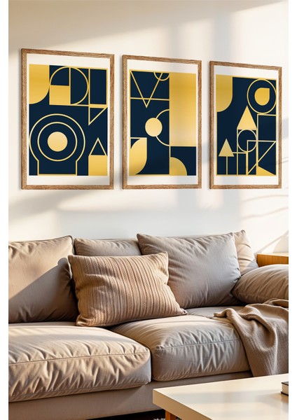 3 Parça Altın ve Lacivert Geometri Temalı Ahşap Çerçeve Görünümlü Mdf Tablo Seti