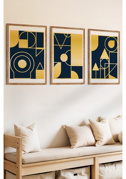 3 Parça Altın ve Lacivert Geometri Temalı Ahşap Çerçeve Görünümlü Mdf Tablo Seti fiyatları