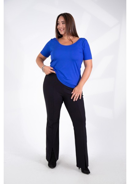 Kadın Büyük Beden Geniş Yaka Basıc Bluz Saks Somon