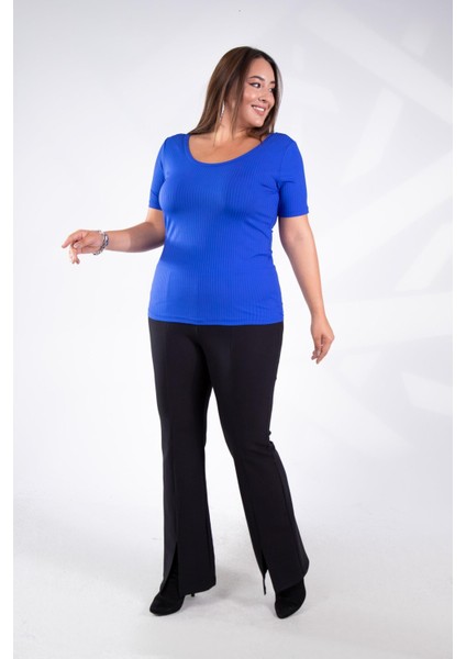 Kadın Büyük Beden Geniş Yaka Basıc Bluz Saks Somon modelleri