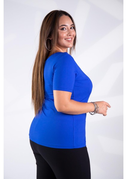 Kadın Büyük Beden Geniş Yaka Basıc Bluz Saks Somon fırsatları