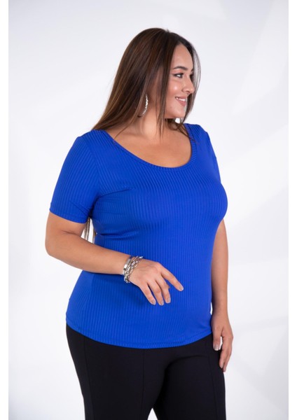 Kadın Büyük Beden Geniş Yaka Basıc Bluz Saks Somon